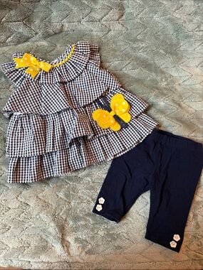 Rare Editions Navy Gingham Dress with Yellow Pom Trim